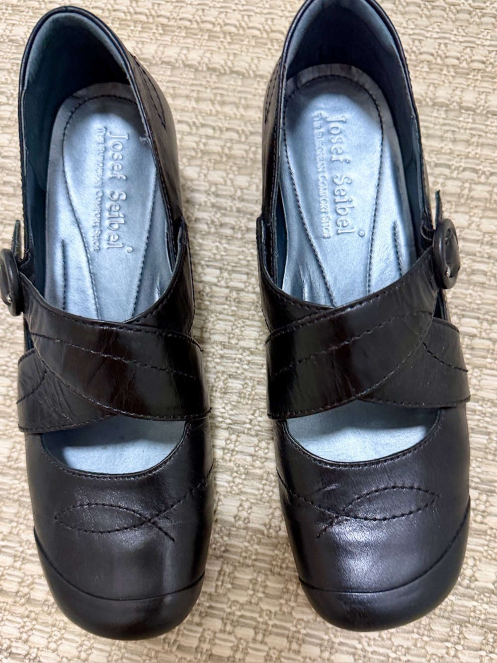 Josef Seibel Black Leather Mary Jane Flats with Button Strap